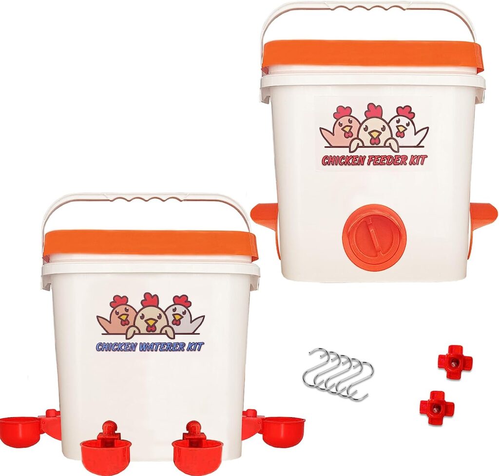 Chicken Feeder and Waterer Set 20 Pound/2.6 Gallon Automatic Weather-Proof Poultry Feeder and Waterer, Hanging Chicken Bucket Feeder No Waste Chicken Coop Waterer Dispenser (Patent Product)