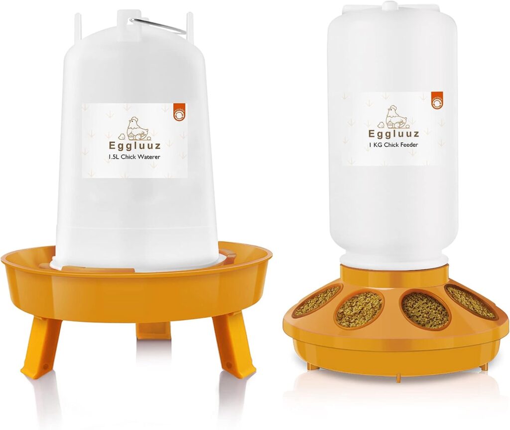 Eggluuz Chick Feeder and Waterer Kit Automatic Chicken Feeder and Waterer Set, 1L Chick Feeder and 1.5L Chick Waterer with 3 Heights Adjustable Legs