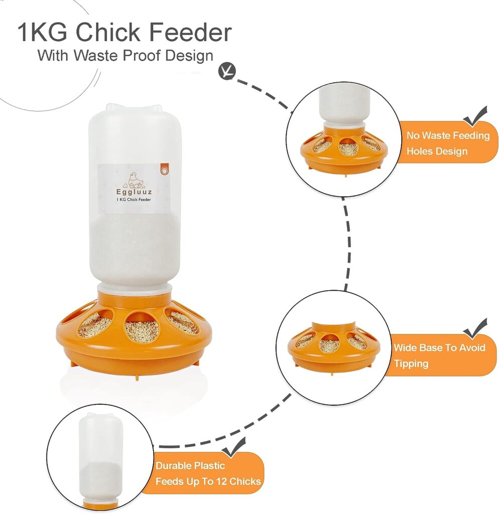 Eggluuz Chick Feeder and Waterer Kit Automatic Chicken Feeder and Waterer Set, 1L Chick Feeder and 1.5L Chick Waterer with 3 Heights Adjustable Legs