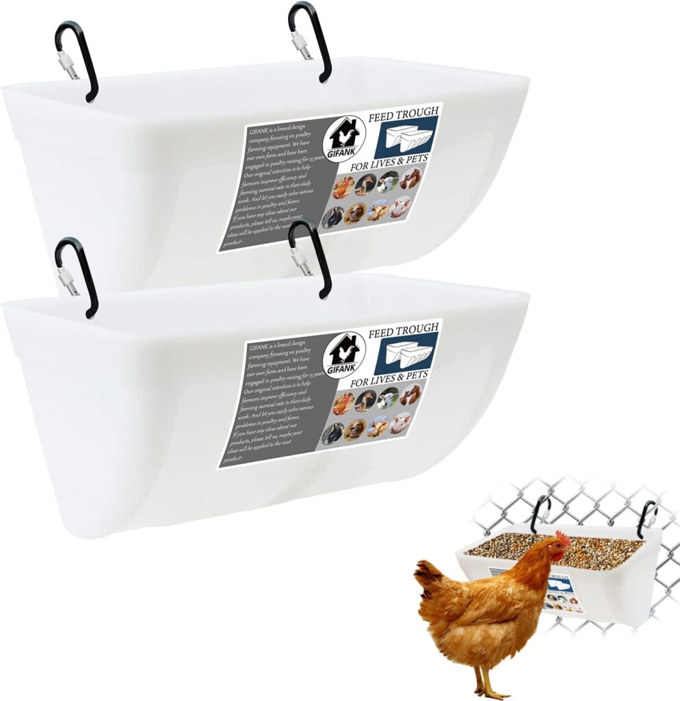 GIFANK 2 Pack Chicken Feeder Feed Trough with Clips Hanging Fence Feeders for Goat Duck Sheeple Horse Chicken Goose Pig Poultry Feed Trough Bucket Feeding Container for Livestock