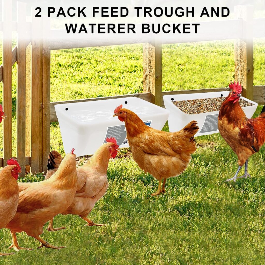 GIFANK 2 Pack Chicken Feeder Feed Trough with Clips Hanging Fence Feeders for Goat Duck Sheeple Horse Chicken Goose Pig Poultry Feed Trough Bucket Feeding Container for Livestock