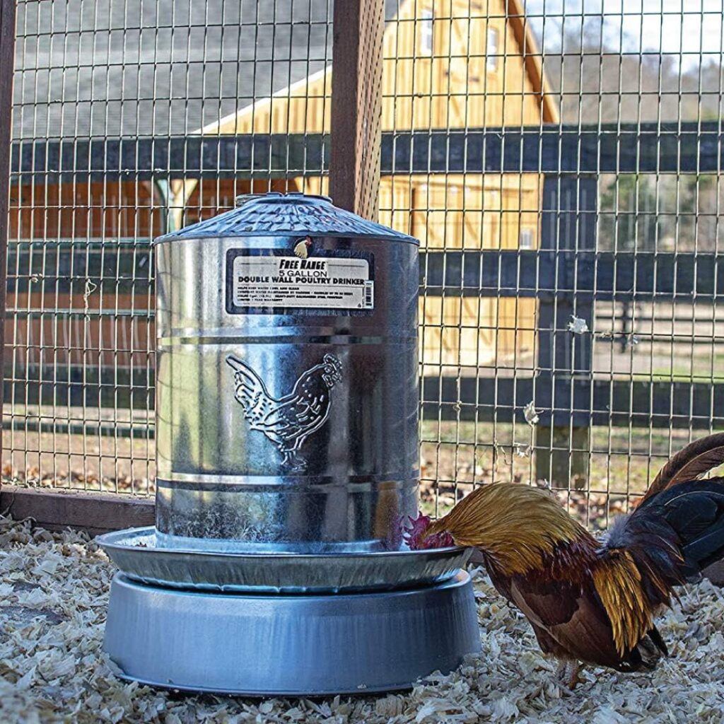 Manna Pro Chicken Waterer | Holds 2 Gallons of Chicken Water | Hanging Waterer for Chicken Coop | Harris Farms Galvanized Steel Double Wall Poultry Drinker ,Silver