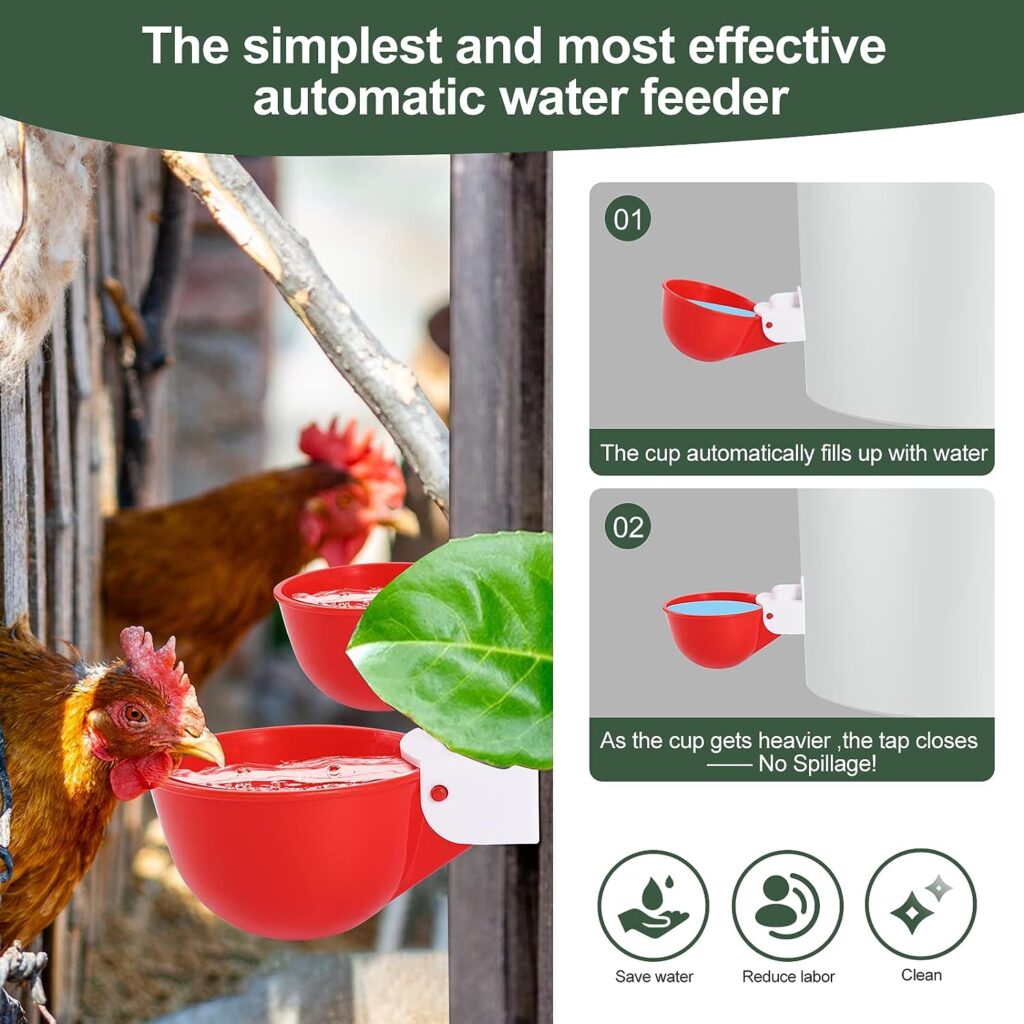 Psarnuk Chicken Waterer 8 Pack, Automatic Chicken Water Feeder, Professional Chicken Water Cups for Poultry Chick Waterer with 3/8 Inch Mounting Hole Opener, Suitable for Chicken, Ducks, Turkeys, Etc