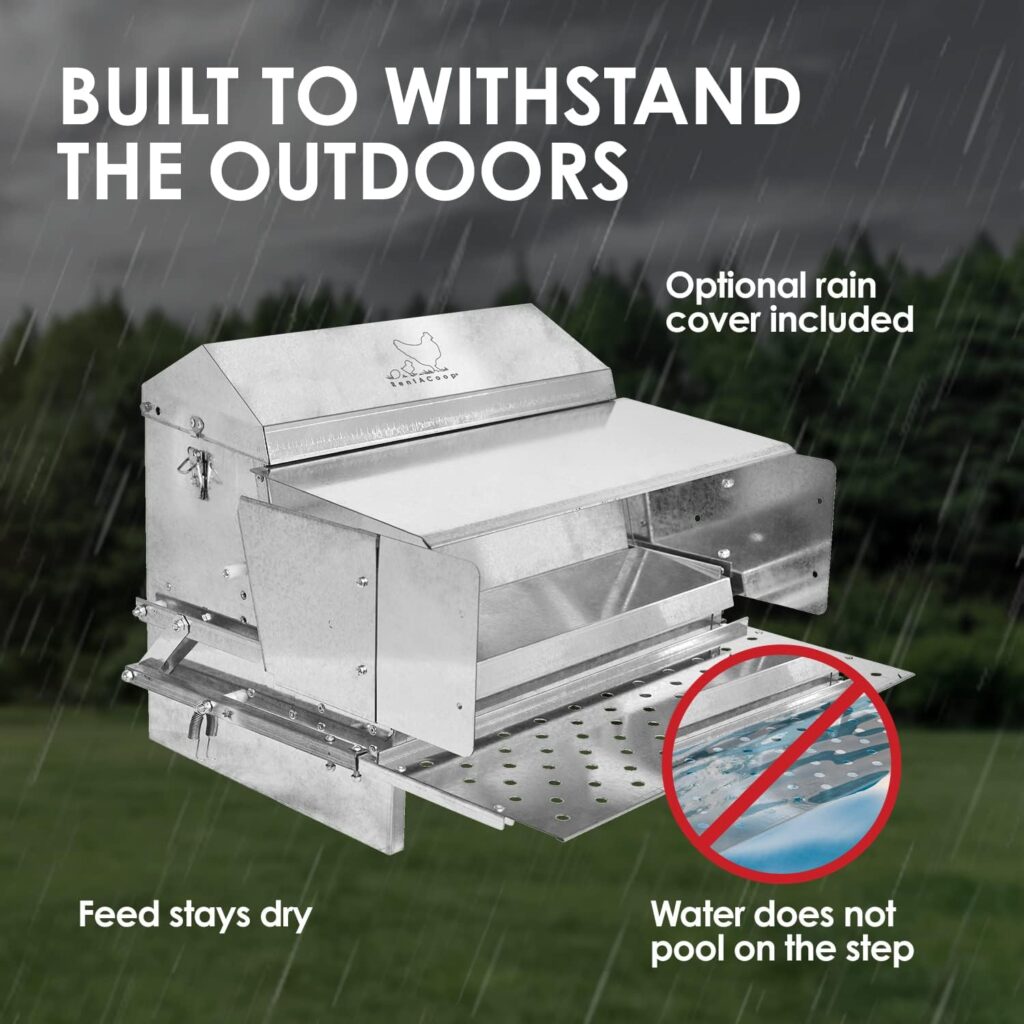 RentACoop Automatic Metal Treadle Feeder - Outdoor Use, Rainproof - Suitable for Chicken, Bantams, Poultry, Pheasants, Ducks, and Fowl - 25lb Capacity