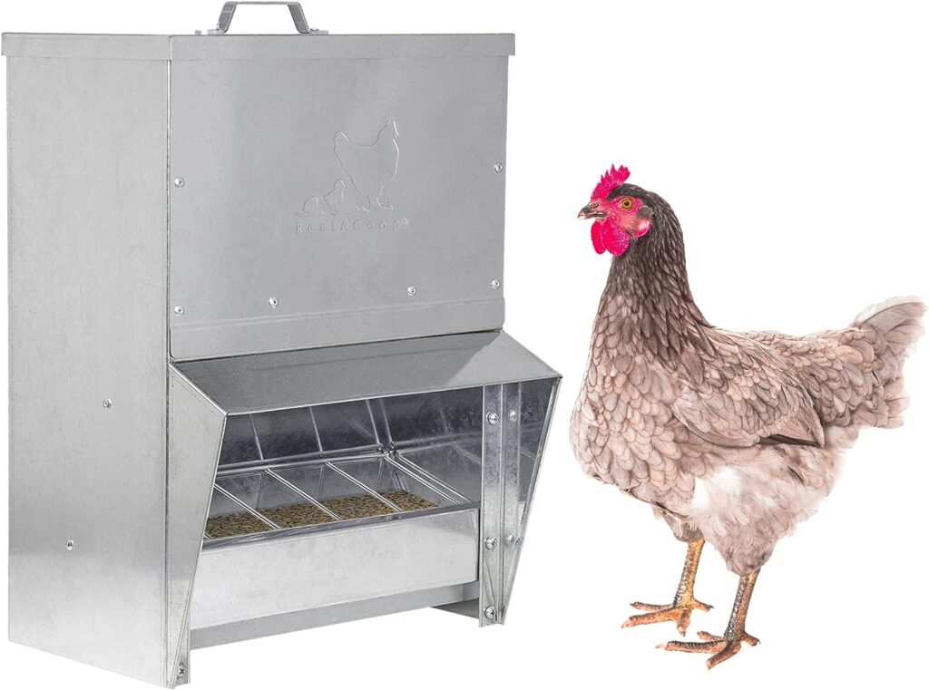 RentACoop Galvanized Chicken Trough Feeder, Weatherproof Poultry Food Dispenser with Lid 25LB Capacity