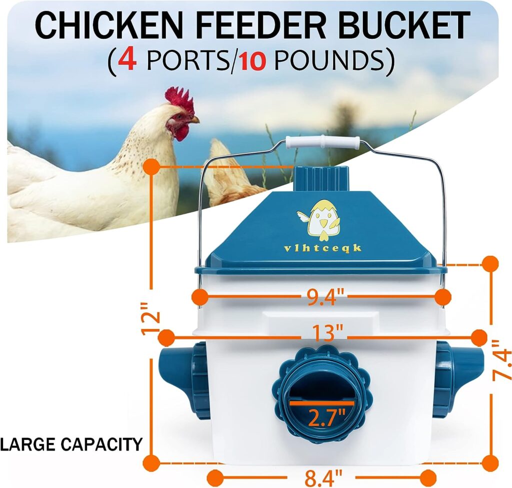 vlhtceqk Chicken Feeder No Waste 10lb with 4 Ports, Rain Proof Gravity Chick Feeders Bucket (Blue)……