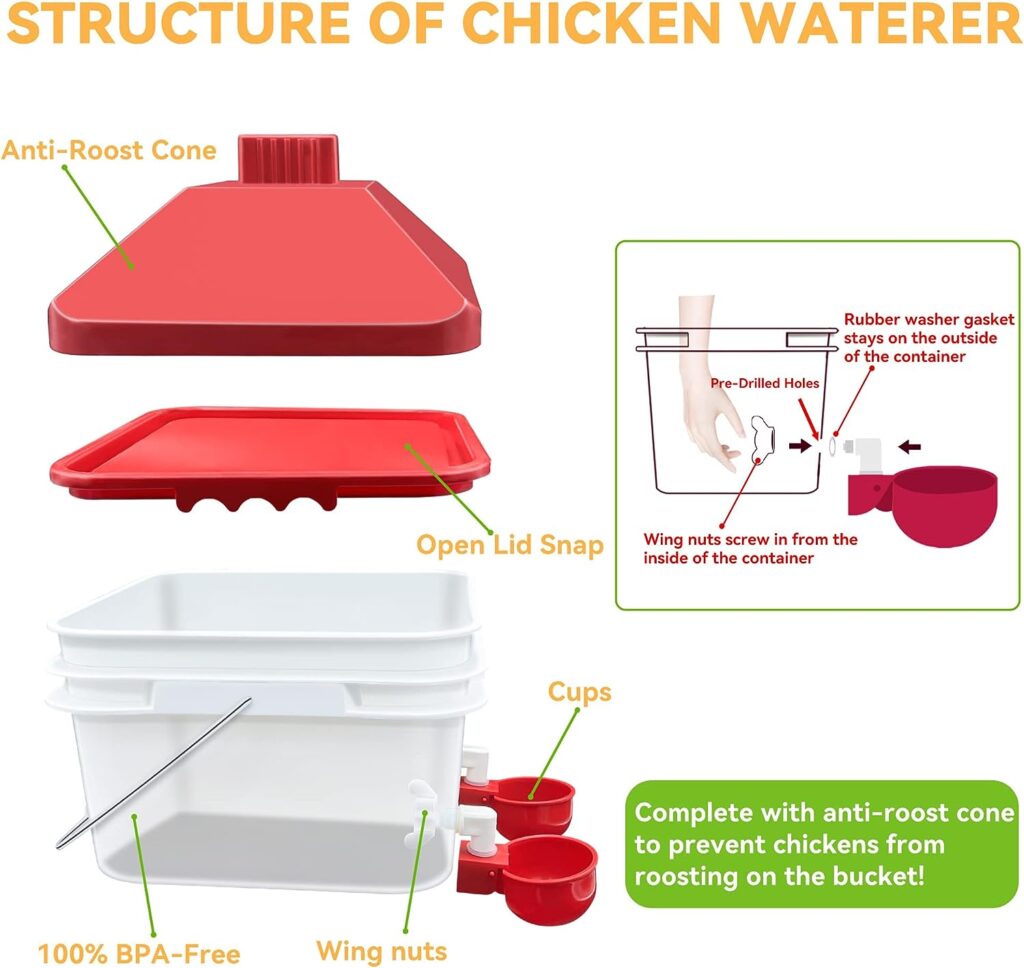 ZenxyHoC Chicken Waterer 2 Gallons Bucket with 2 Automatic Chicken Water Feeder Cups